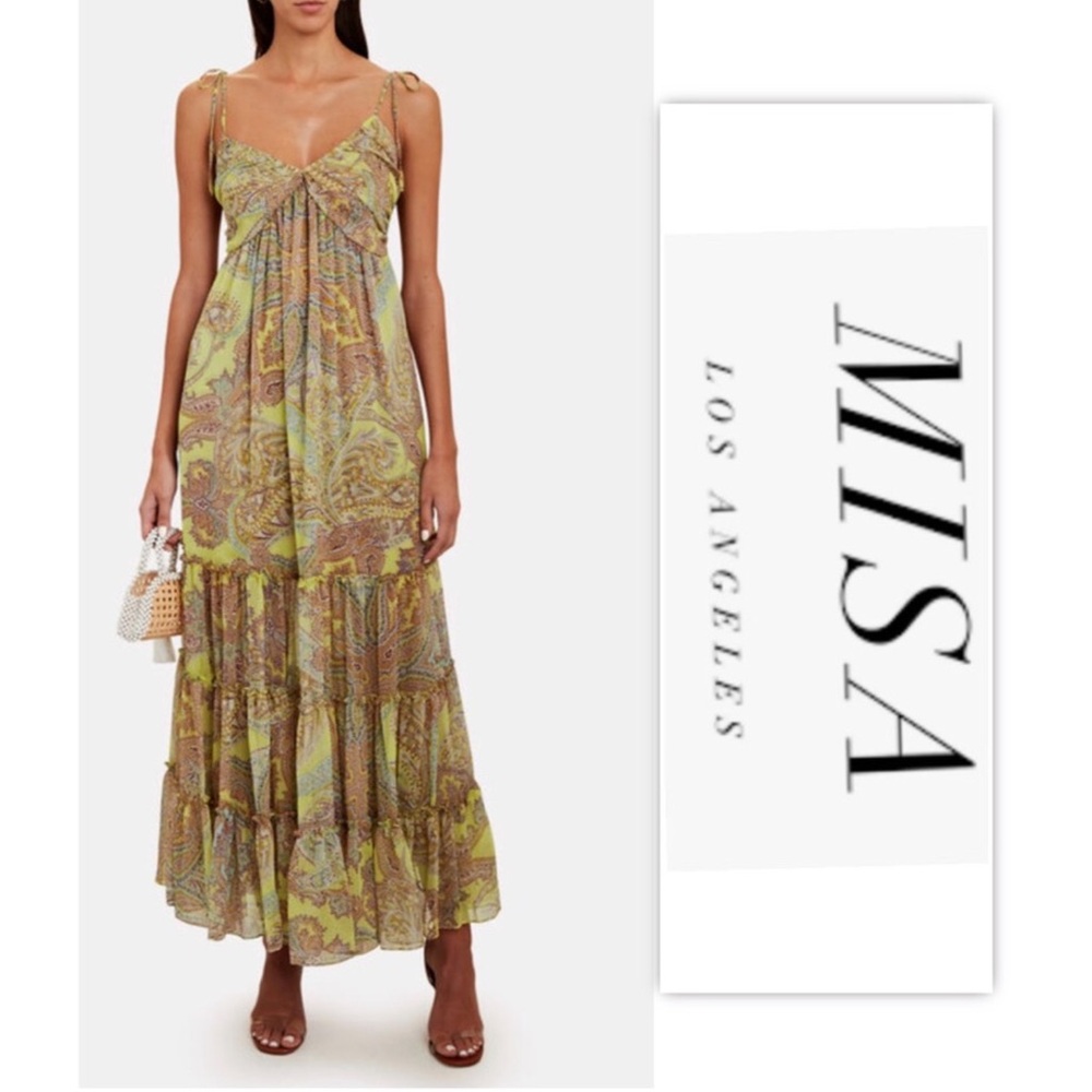 Misa Los Angeles Fallon spaghetti strap yellow paisley maxi dress M
